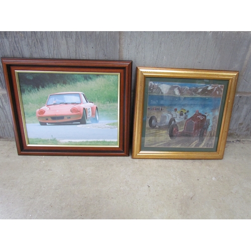 9009 - A framed photograph of a racing scene and a framed print of vintage racing cars, frame sizes 37.5cm ... 
