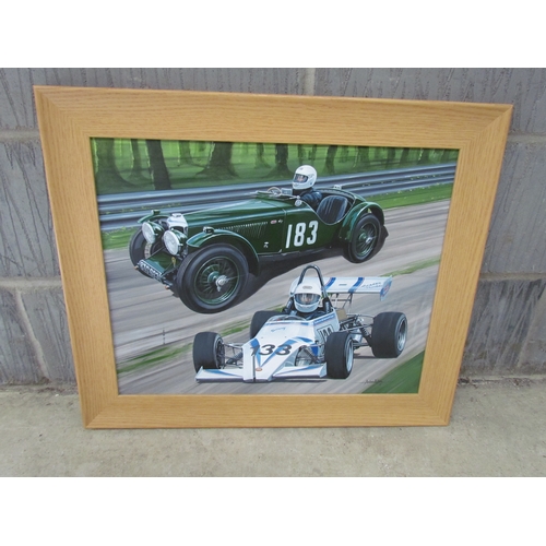 9013 - ANDREW KITSON: Framed painting of Lotus racing cars.  Frame size 81cm x 52cm