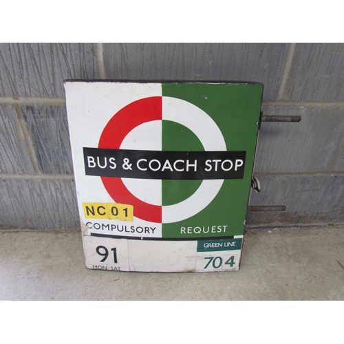 9030 - A 1950's 'Bus & Coach Stop' flag sign, double-sided, enamel in green, white and red