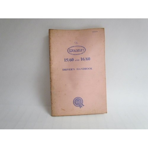 9040 - A Wolseley 15/60 and 16/60 drivers handbook amd a chromed Wolseley hub cap