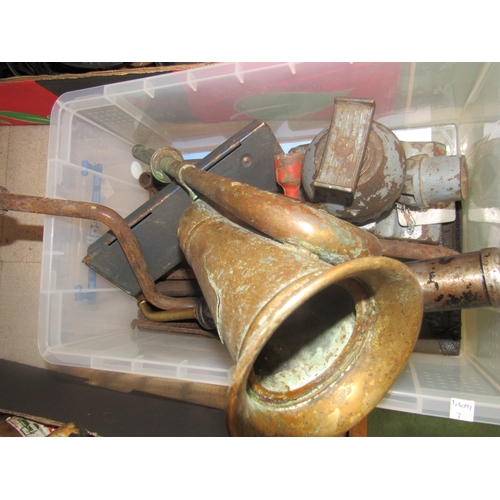9114 - A box of tools etc. including a brass horn and a Daimler grease gun