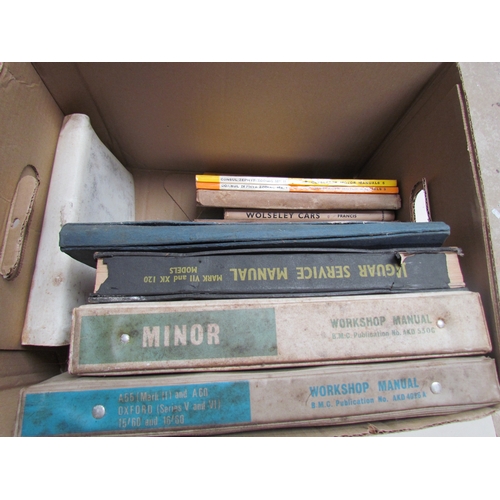 9132 - A box of mixed manuals etc including Jaguar service manual for MK2 and XK120, Austin and Ford