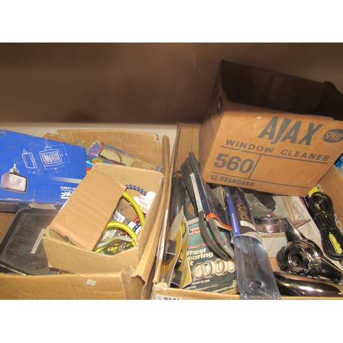 9141 - Three boxes of mixed including speakers, testers, belts, tools and chromed exhaust parts