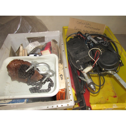 9144 - Two boxes of mixed spares including Ford petrol pump and a Bosch electric aerials