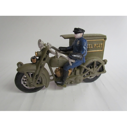 9210 - A cast reproduction Parcel Post Rider on motorcycle with sidecar