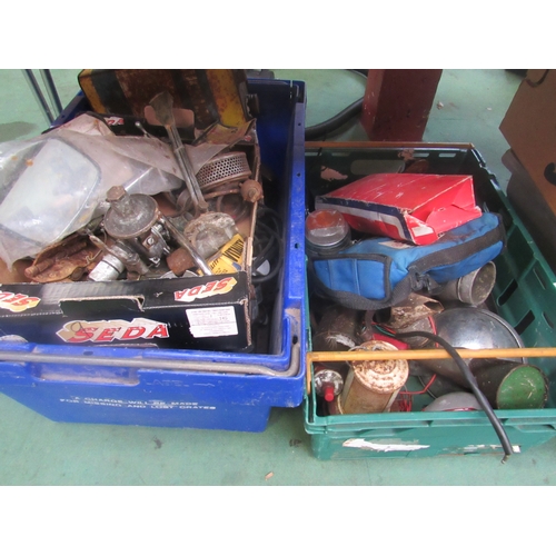 9279 - Two boxes of mixed spares including lead lamps, chromed ashtrays, chrome over-riders, handles, mirro... 