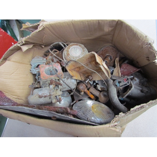 9285 - A box containing a quantity of assorted vintage car parts including carburettors, lamps, leases and ... 