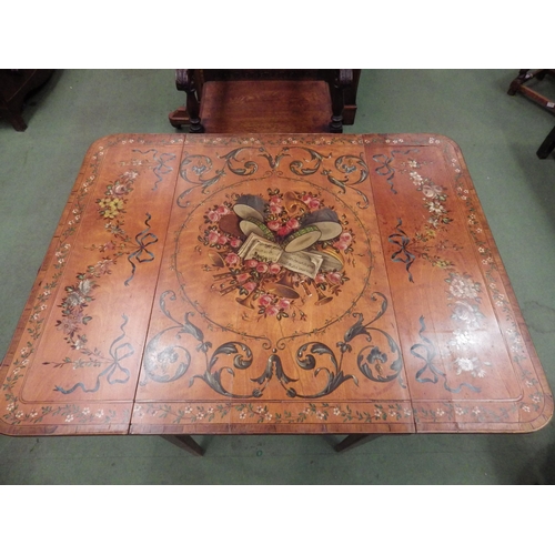 7756 - A 19th Century folk art style drop-flap table with painted top, musical instrument and floral detail... 