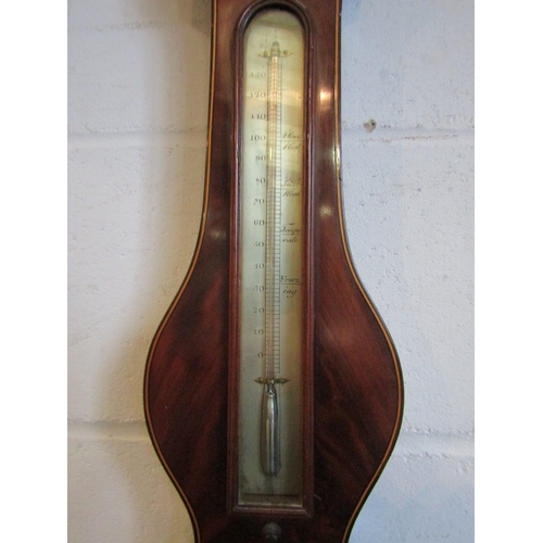 1012 - A 19th Century Vismara of Bury St. Edmunds mahogany inlaid four dial wheel barometer, 108cm tall