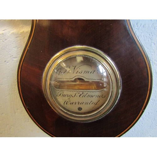 1012 - A 19th Century Vismara of Bury St. Edmunds mahogany inlaid four dial wheel barometer, 108cm tall