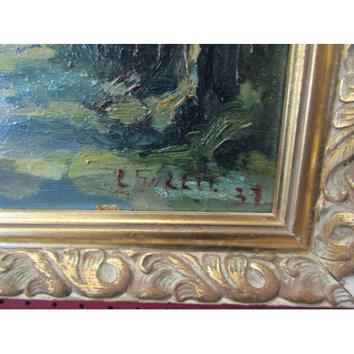 1044 - L. SOLETT (?) '37: An oil on board of a Continental village scene.  Signed lower right.  Framed. 39c... 