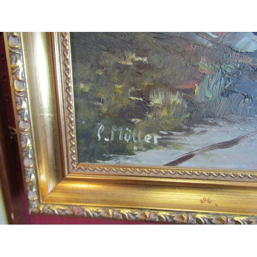 1055 - P. MÜLLER: An oil on board of Swiss mountain scene, signed lower left, gilt framed, 48cm x 67cm imag... 