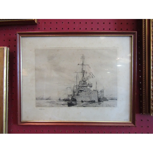 1057 - A William Lionel Wyllie (1851-1931) pencil signed etching of warship and boats, framed and glazed, 1... 