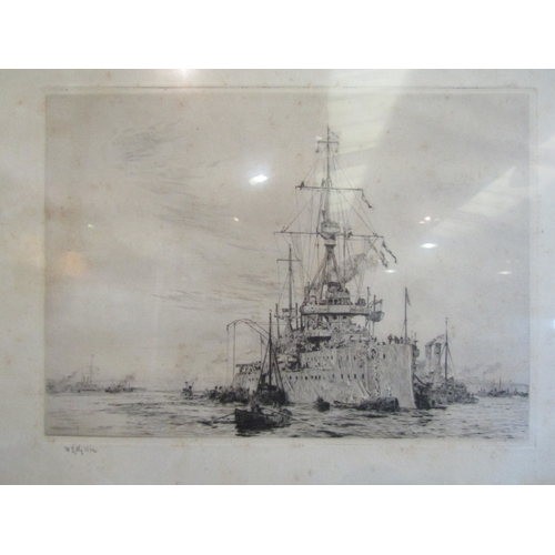 1057 - A William Lionel Wyllie (1851-1931) pencil signed etching of warship and boats, framed and glazed, 1... 