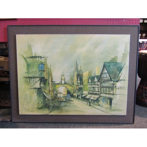 1058 - After Ben Maile, a print depicting a city street scene with Tudor building, mounted on a late 1960's... 