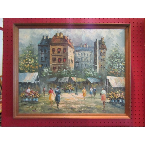 1059 - A pair of 20th Century oils on canvas of Parisian market scenes, framed, approximately 40cm x 50cm i... 