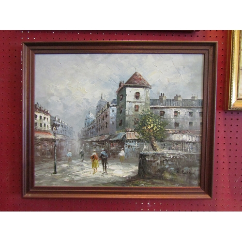 1059 - A pair of 20th Century oils on canvas of Parisian market scenes, framed, approximately 40cm x 50cm i... 