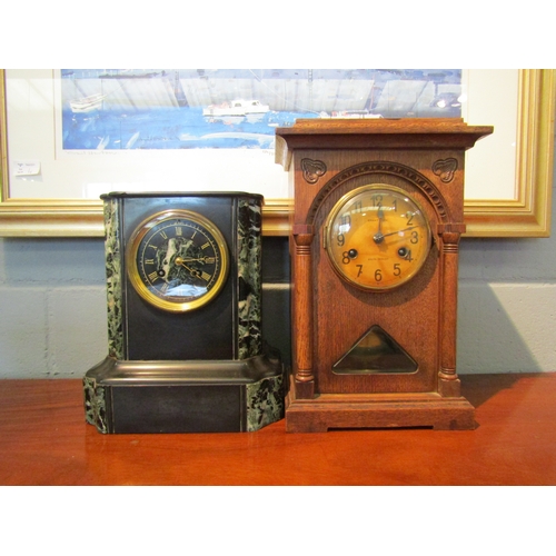 1071 - Two mantel clocks to include slate and marble example, both with keys and pendulums