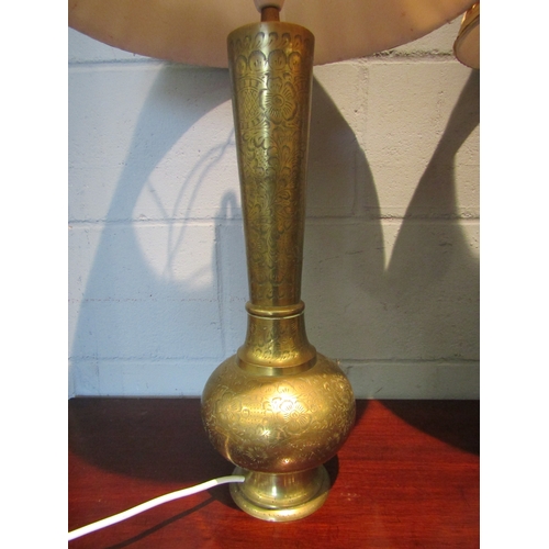 1075 - A pair of Indian brass table lamp bases with gold coloured pleated shades