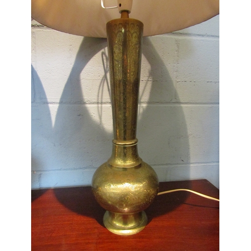 1075 - A pair of Indian brass table lamp bases with gold coloured pleated shades