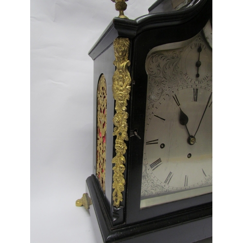 8071 - An 18th Century English ebonised bracket clock with cast brass feet, finials and side fret panels, s... 