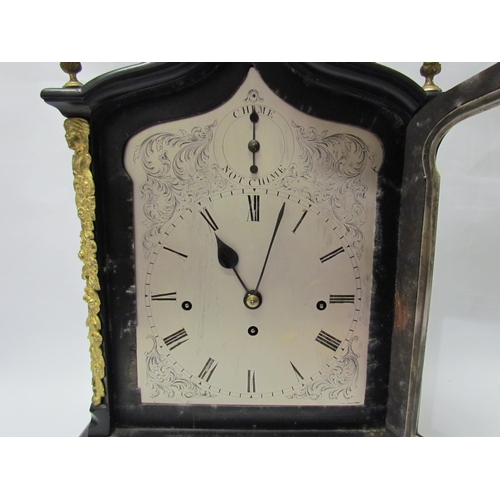 8071 - An 18th Century English ebonised bracket clock with cast brass feet, finials and side fret panels, s... 