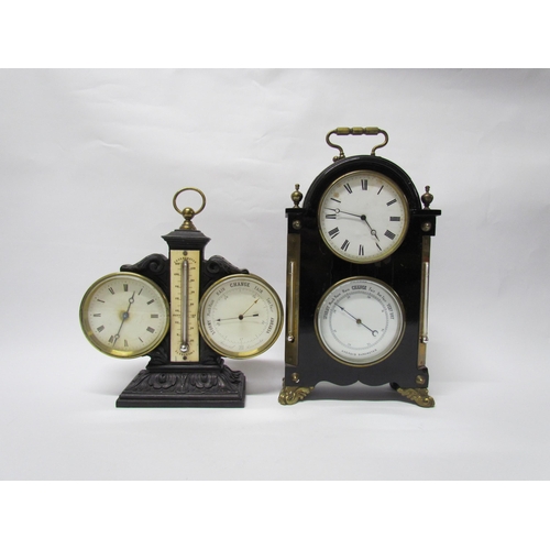 8055 - Two late 19th Century French barometer/timepieces in ebonised and cast iron frames, both with enamel... 
