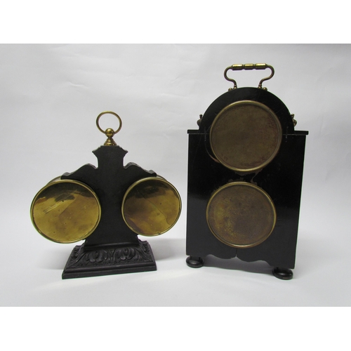 8055 - Two late 19th Century French barometer/timepieces in ebonised and cast iron frames, both with enamel... 
