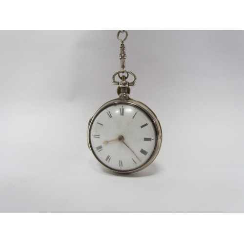 8105 - A 19th Century silver pair cased pocket watch with Roman enamel dial, chain fusee movement with verg... 