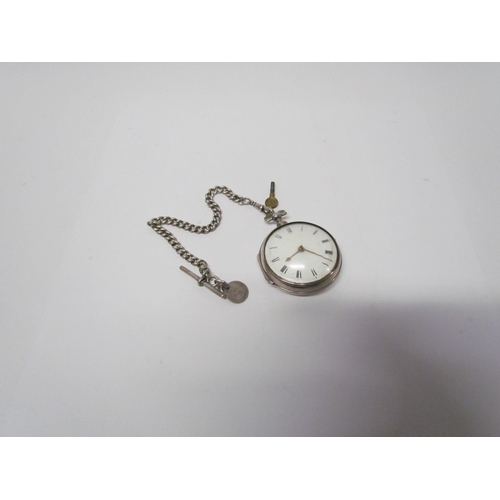 8105 - A 19th Century silver pair cased pocket watch with Roman enamel dial, chain fusee movement with verg... 