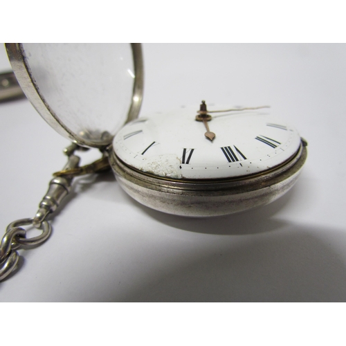 8105 - A 19th Century silver pair cased pocket watch with Roman enamel dial, chain fusee movement with verg... 