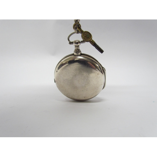 8105 - A 19th Century silver pair cased pocket watch with Roman enamel dial, chain fusee movement with verg... 