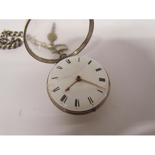 8105 - A 19th Century silver pair cased pocket watch with Roman enamel dial, chain fusee movement with verg... 