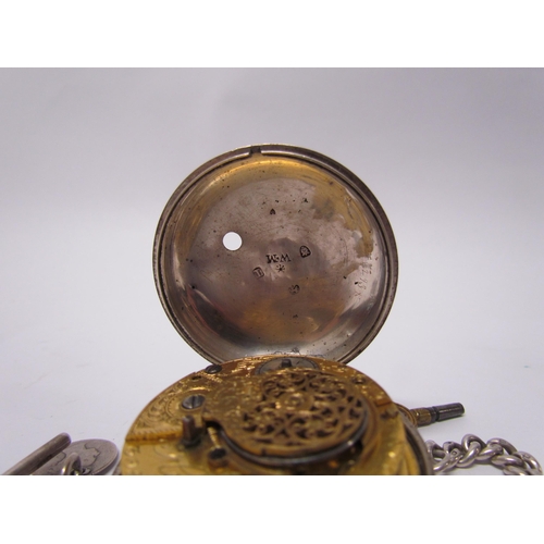 8105 - A 19th Century silver pair cased pocket watch with Roman enamel dial, chain fusee movement with verg... 