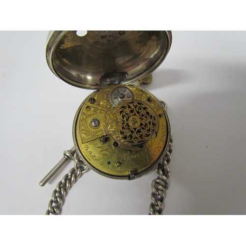 8105 - A 19th Century silver pair cased pocket watch with Roman enamel dial, chain fusee movement with verg... 