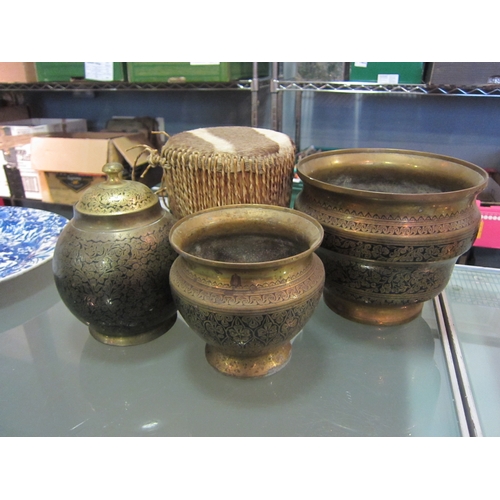 1432 - Two graduated Persian style brass planters, a similar covered vase, a boxed part set of weights and ... 