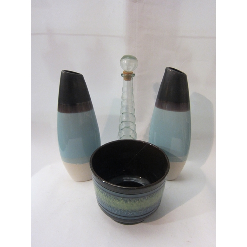 1439 - A pair of modern ceramic vases, 40cm tall, green and blue glazed ceramic jardinière and slender glas... 