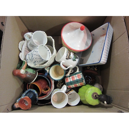 1453 - Two boxes of mixed ceramics including jardinière, lidded pot, mugs and Wedgwood tea wares