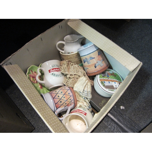 1453 - Two boxes of mixed ceramics including jardinière, lidded pot, mugs and Wedgwood tea wares