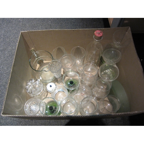 1454 - Two boxes of mixed glassware including decanters, jugs, etc