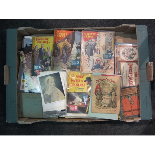 1458 - A box of assorted ephemera, including folder of theatre programmes, Sexton Blake library, engravings... 