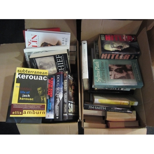 1423 - Two boxes of mostly biography and autobiography books including Tom Jones and Steve Jobs, some beari... 