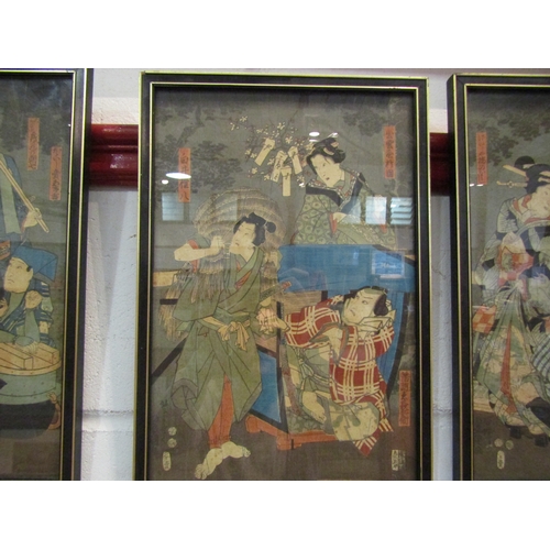 1022 - A set of three Japanese woodblock prints depicting figures in various scenes, each framed and glazed... 