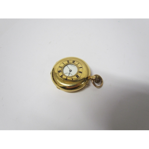 8173 - An 18ct gold H.W.Benson half hunter keyless Ludgate pocket watch, 115g total,  5cm diameter