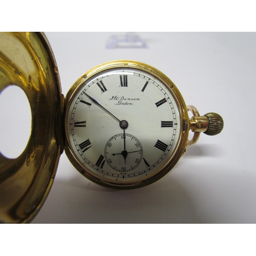 8173 - An 18ct gold H.W.Benson half hunter keyless Ludgate pocket watch, 115g total,  5cm diameter