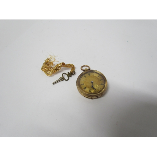 8169 - A 14k gold open face pocket watch, engraved centre dial and engraved back, Roman numerals with subsi... 