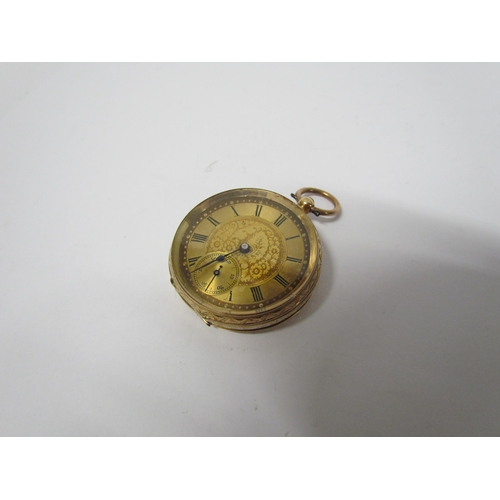 8169 - A 14k gold open face pocket watch, engraved centre dial and engraved back, Roman numerals with subsi... 