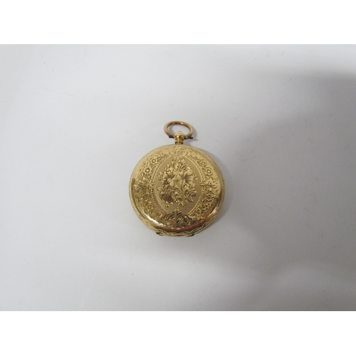 8169 - A 14k gold open face pocket watch, engraved centre dial and engraved back, Roman numerals with subsi... 