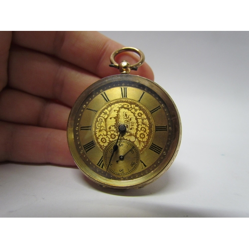 8169 - A 14k gold open face pocket watch, engraved centre dial and engraved back, Roman numerals with subsi... 