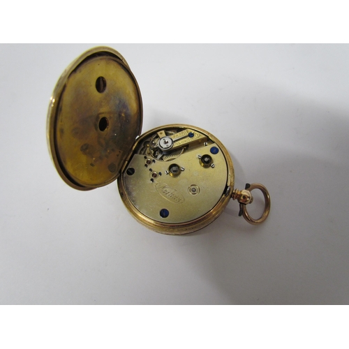 8169 - A 14k gold open face pocket watch, engraved centre dial and engraved back, Roman numerals with subsi... 